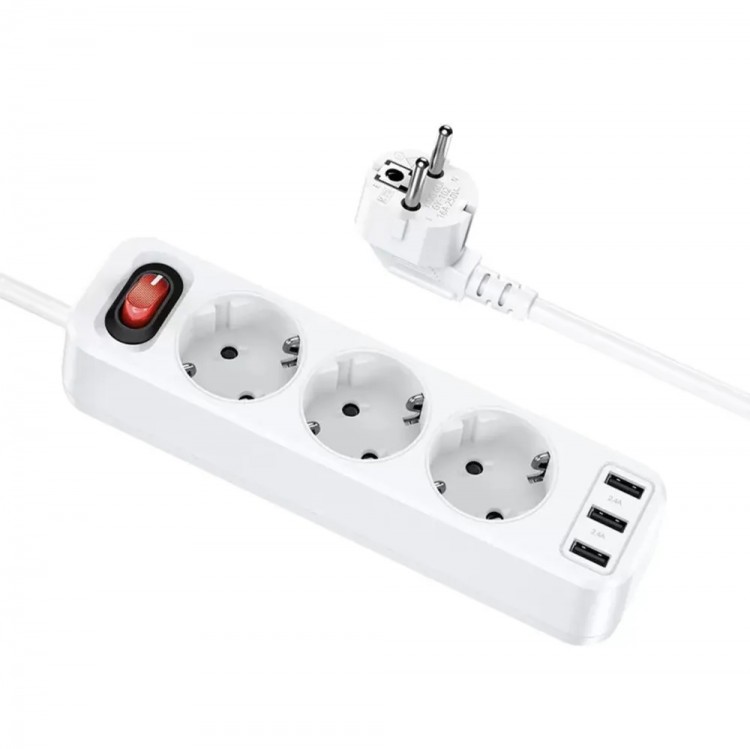 Сетевой фильтр на 3 розетки HOCO NS2 16A, 3xUSB, 2.4А, 1.8м 	